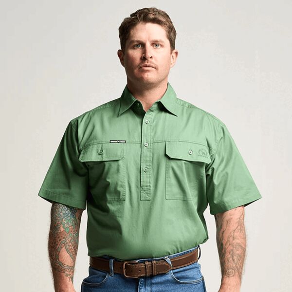 KILCOY | Mens Half Button Long Sleeve Work Shirt - Gum Leaf Green Thumbnail